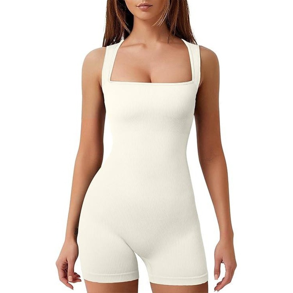 Women's Ribbed Square Neck Spaghetti Strap Romper Bodysuit Tank Top 2x1 Shorts S